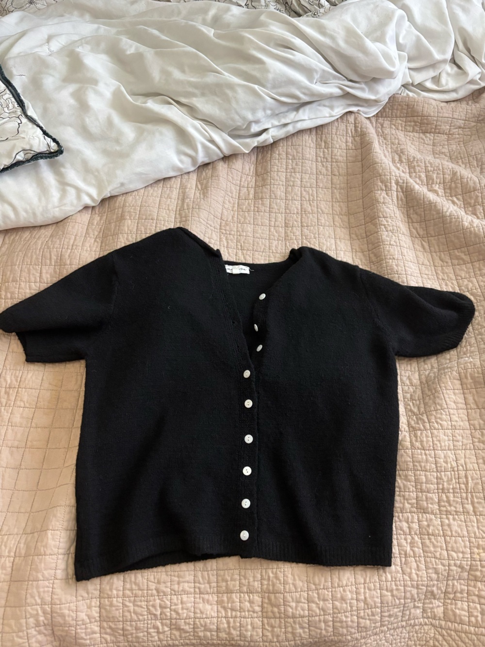 Classic Black Short-Sleeve V-Neck Button Sweater